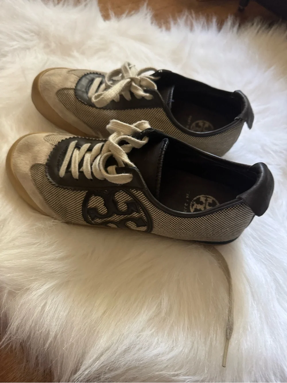 Tory Burch Beige and Black Kids Lace-Up Sneakers